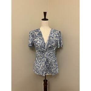 Elle Babydoll V-Neck Wrapped Business Causal White and Blue Blouse Size XS